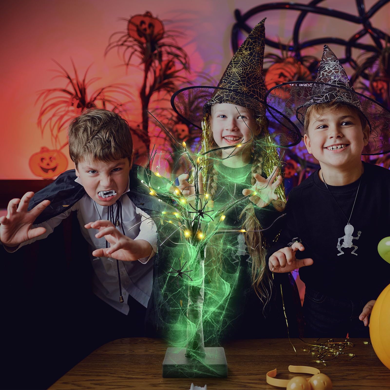 Sapin Halloween Noir Paillettes TWIDDLERS - 61cm Avec Lumières LED Violet - Toiles Araignées - 24 Ornements Décoration Halloween Noir