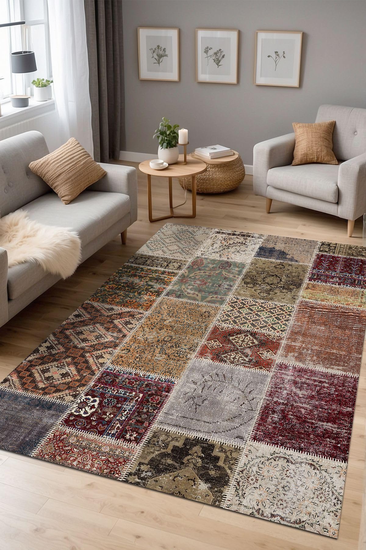 Depoba Flona Patchwork Şönil Kaymaz Doğal Pamuk Tabanlı Yıkanabilir Antibakteriyel Çevre Dostu Salon Halısı 120x180