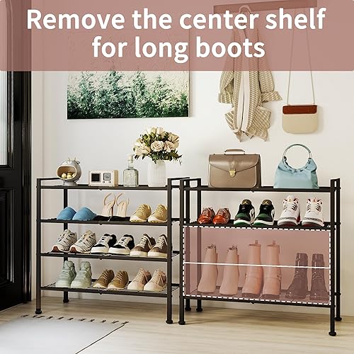 Miniatura 4 de Zapatero de 4 niveles, estante organizador de almacenamiento de zapatos simple de metal para armario, entrada, dormitorio, garaje (negro, 4 niveles)