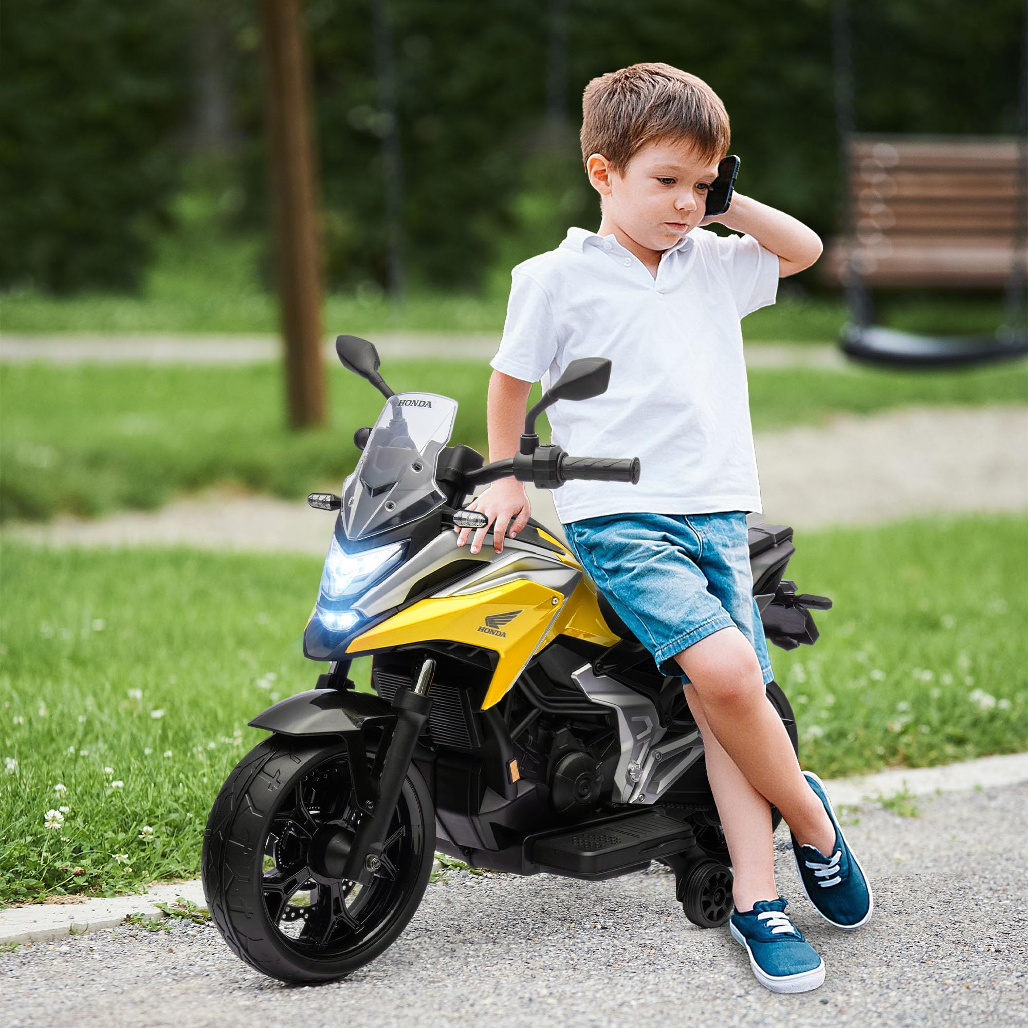 AIYAPLAY Elektro Kindermotorrad Elektrisch MP3 USB 3-6 Jahre Gelb | Elektromotorrad, 2 Stützrädern, Musik, Scheinwerfer