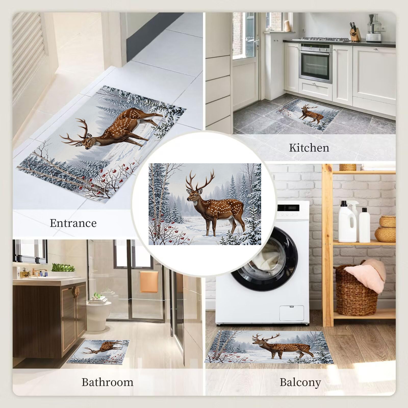 60X90Cm Zerbino Ingresso Interno Antiscivolo Assorbente, Tappeto Microfibra Sottile Lavabile Con Renna Delle Nevi Invernali Animali Della Foresta Nordica Per Cucina Bagno Porta Animali, Bianco