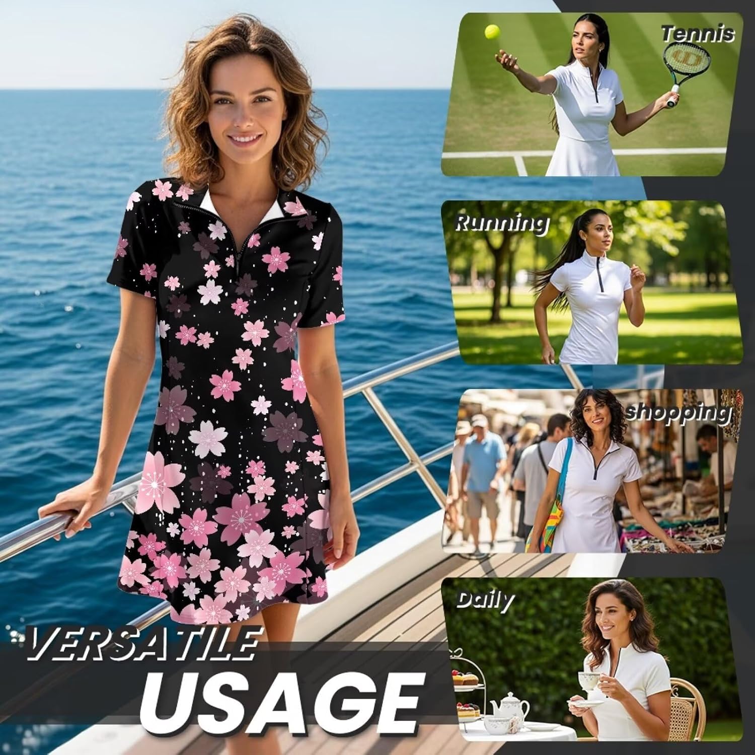 Golf Outfits for Women V Neck Tennis Dress Short Sleeve Built in Shorts Golf Athletic Dress with Pockets
