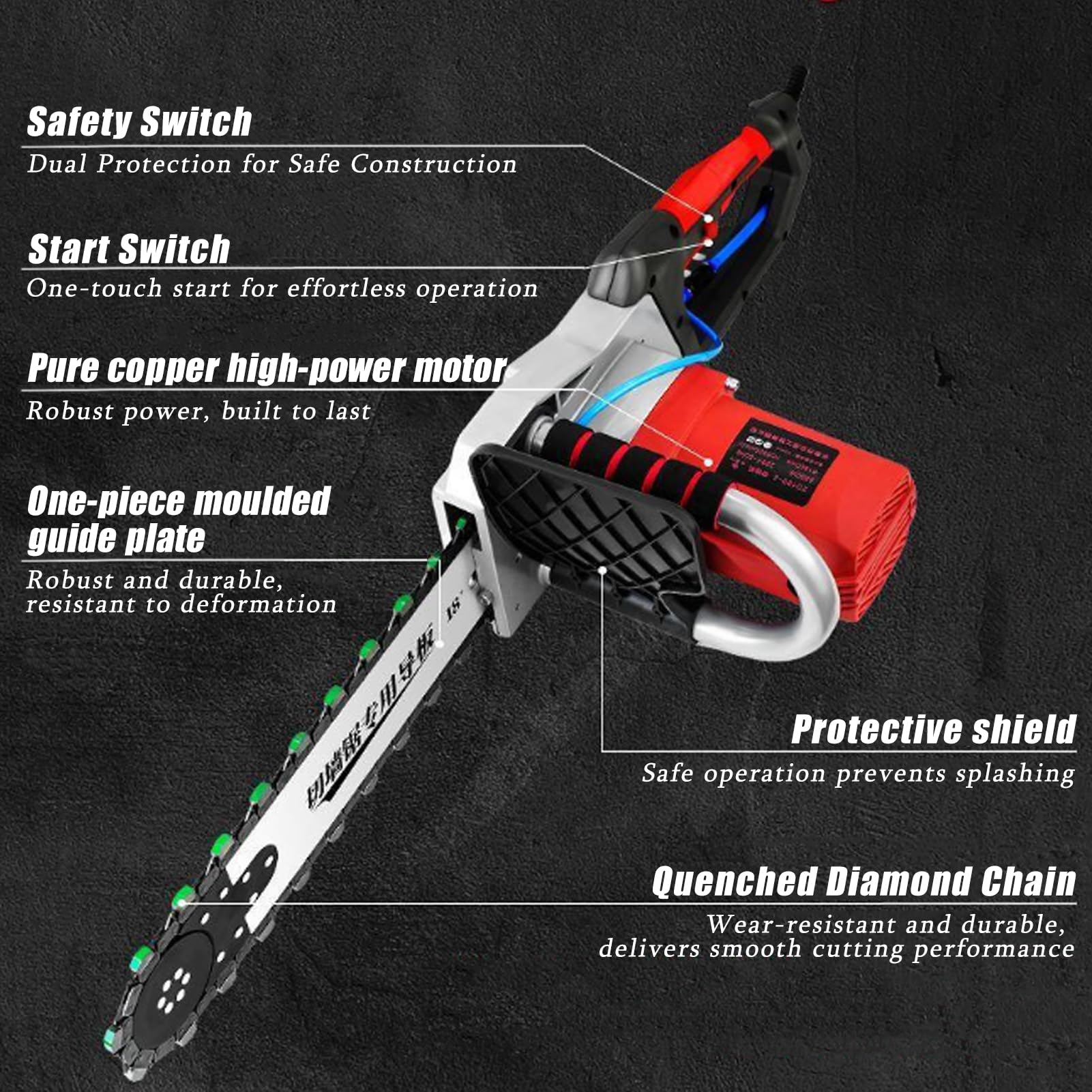 Tagliamuri Elettrico Industriale 5800w/6500w, Sega per Cemento con Catena Diamantata,profondità di Taglio 350mm/480mm,con 2 Catene Diamantate E 2 Barre di Guida