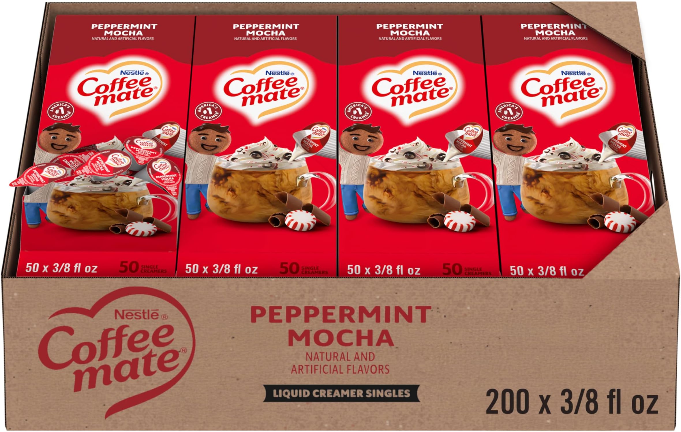 Coffee Creamer, Peppermint Mocha, Liquid Creamer Singles, Non Dairy, No Refrigeration, 0.375 fl oz Tubs (Pack of 200)