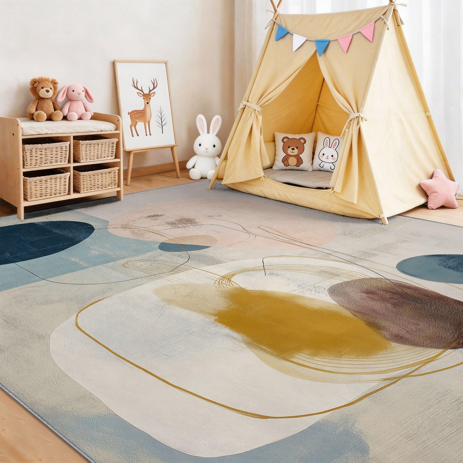 Lavable Tapis Salon 90 x 150 cm, Moderne Mode Abstrait Géométrique Tapis Antidérapant Poil Ras pour Chambre d'enfant, Bureau & Ados, Décoration Intérieure Tapis de Sol, Beige-Gris