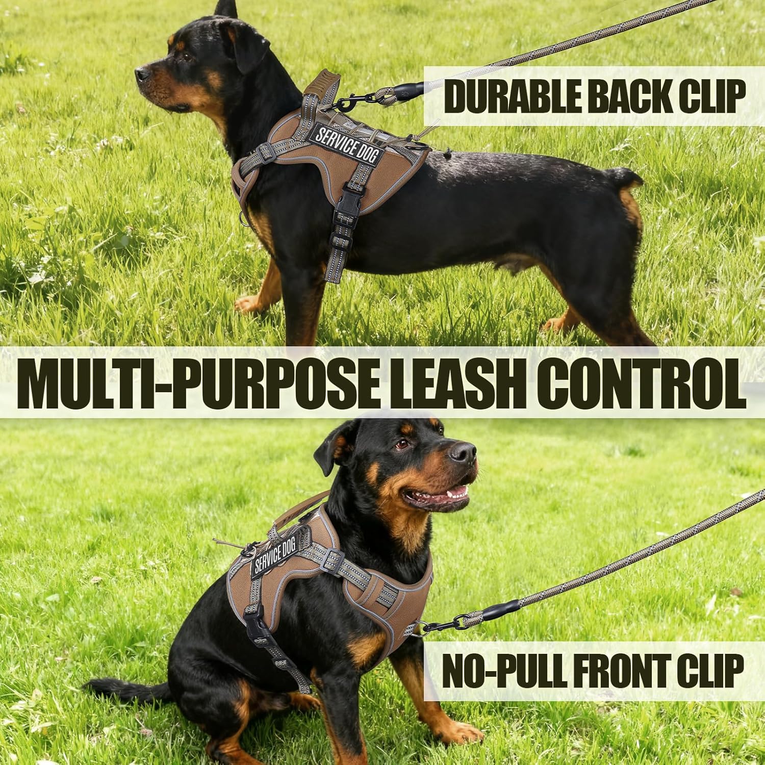 Service Dog Tactical Vest Harness and Leash Set Medium Sized Dog Emotional Support- Tactical Dog Harness Training Collar with Name (Khaki, L)