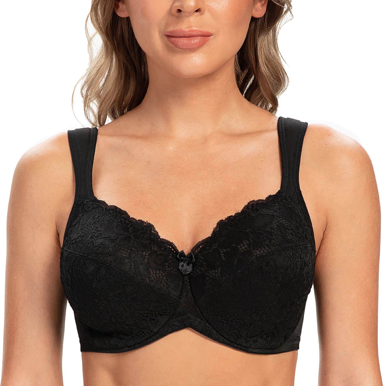Casolace Women's Black-Lace Full Coverage Sexy Lace Underwire Unlined Comfort Minimizer Bra 48H