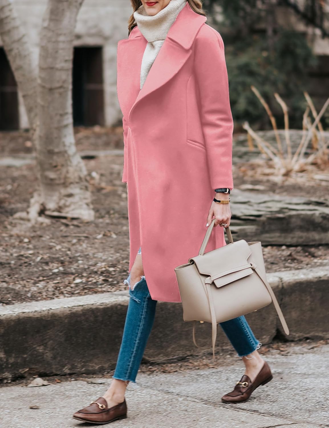 BZB Women's Trench Coat Long Wool Blend Pea Coat Winter Casual Overcoat Notched Lapel Collar Belted Long Jacket Outerwear - Image 3