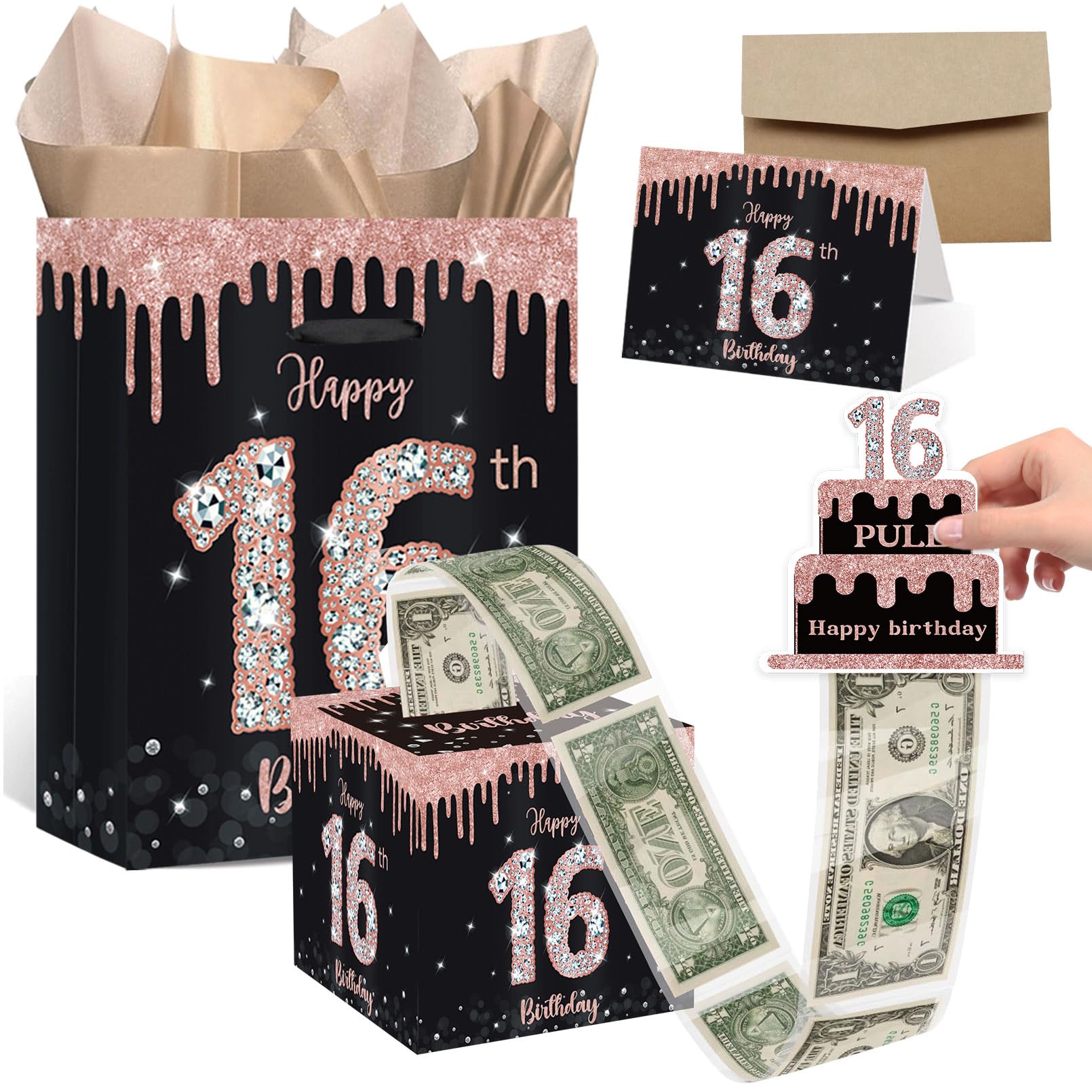 Sweet 16 Gifts for Girls - 16th Birthday Money Box for Cash Gifts 16th Birthday Gift Bag with Tissue Paper and Greeting Card Set - Rose Gold Sweet 16 Party Decorations