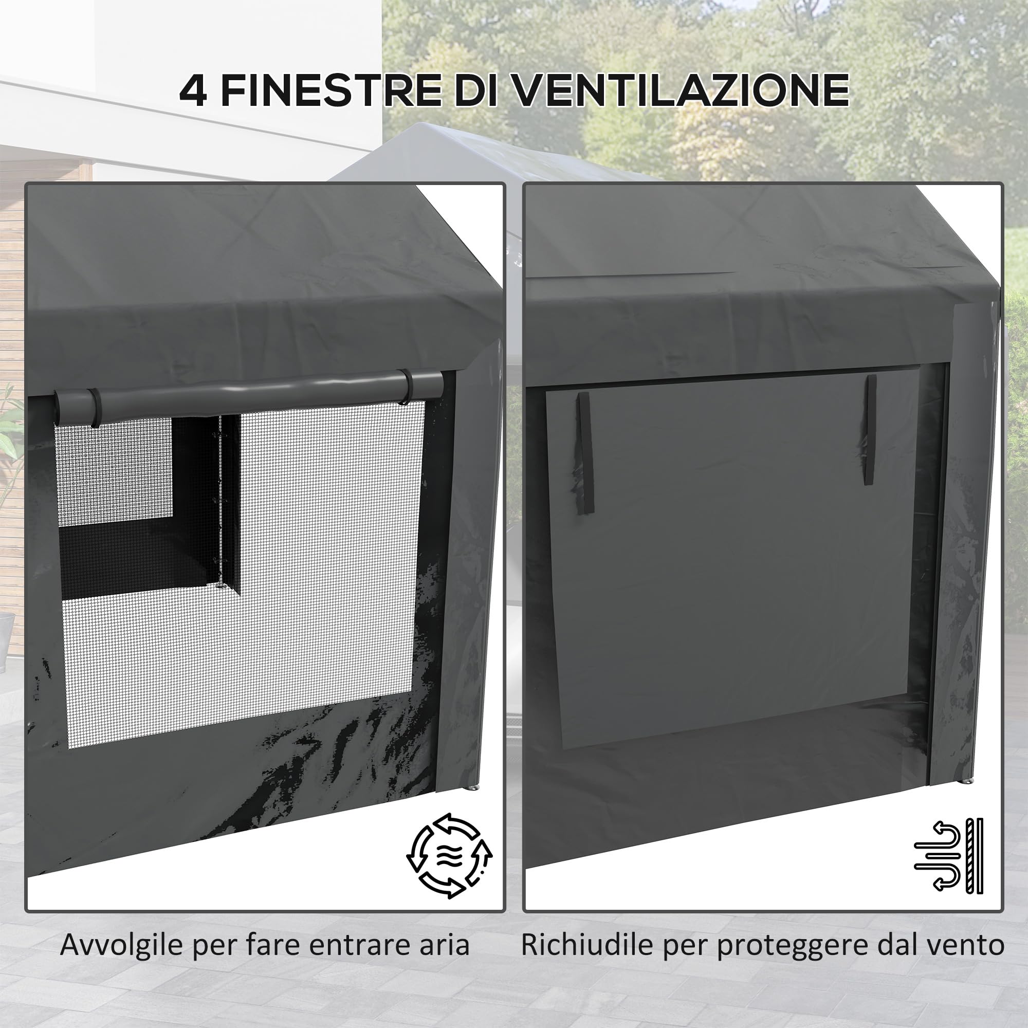 Outsunny Gazebo da Giardino 6x3m Grigio Scuro con Altezza Regolabile Carport Auto 4 Porte 4 Finestre