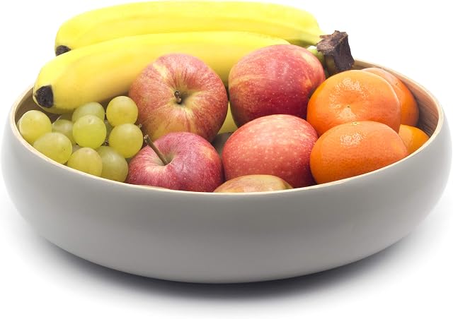 Dehaus® LARGE 30cm Stylish Handmade Bamboo Fruit Bowl, Wooden Salad Serving Bowl, Modern Wood Bread Basket, Big Round Bowls (Grey, White, Black, Sage)