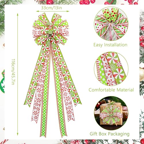 Miniatura 2 de Tmflexe Decoración para árbol de Navidad, coronas, lazo grande de árbol de elfo de Navidad, lazos de lunares, cintas rojas y verdes, bastón de