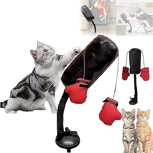 Juguete de saco de boxeo para gatos – Juguete interactivo de boxeo para gatos con acción de balanceo elástico, con guantes de boxeo colgantes, saco
