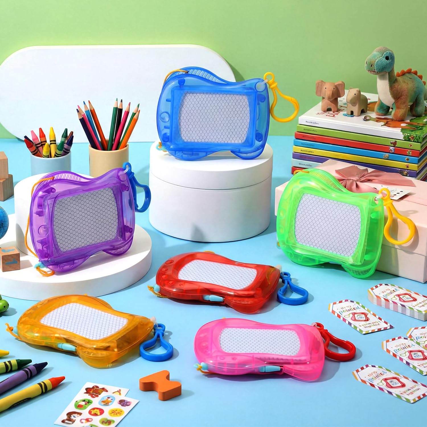 Fuyoooo 24 Set End of The Year Gifts for Kids Classroom Bulk Mini Magnetic Drawing Board Backpack Keychain Clip Erasable Doodle Writing Pad with Tag Ribbon for Kid Birthday Sunday School Easter Gifts