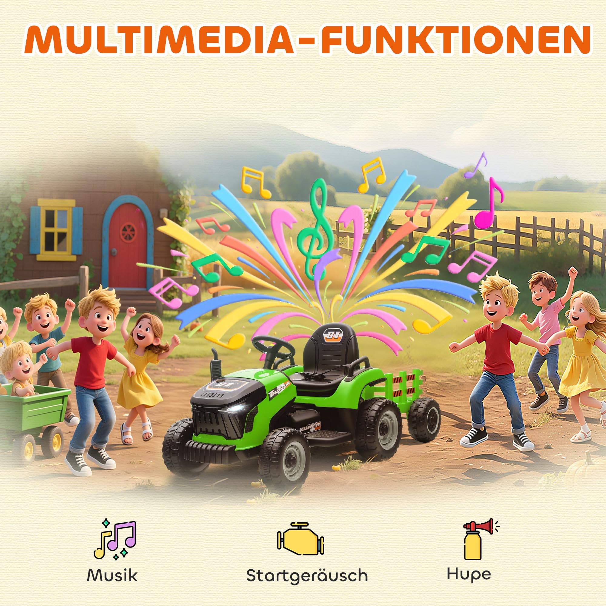 AIYAPLAY Elektrischer Kinder Traktor mit Anhänger, Aufsitztraktor mit Fernbedienung, 2 Motor, 3-Gang Kinder Elektroauto mit Musik, Hupe, Startgeräusch, Sanft Start, 3-5km/h, für 3-8 Jahre, Grün