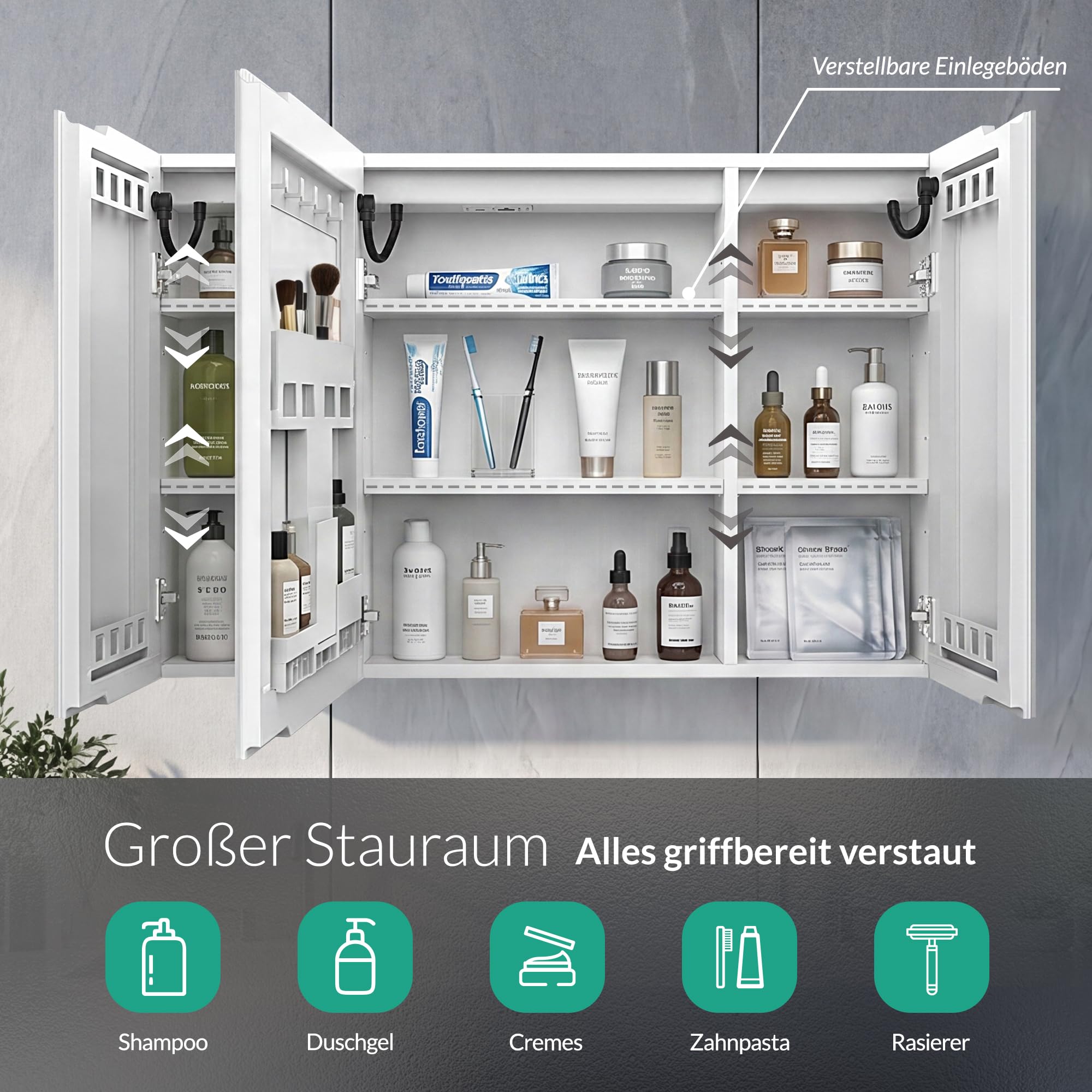 Spiegelschrank Bad mit Beleuchtung – 3 Farbtemperaturen dimmbar & verstellbare Böden, komplett vormontiert mit Steckdose (EU), Type-C & USB, Antibeschlag & IP44 – 95x60x14cm Weiß