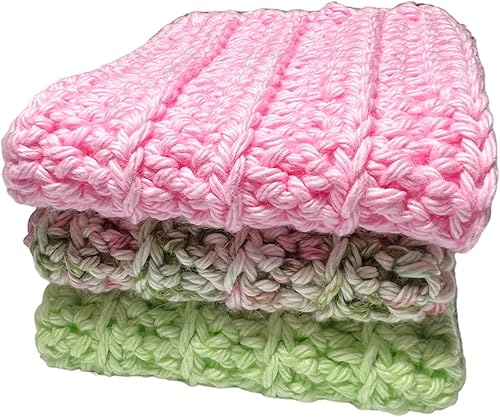 Miniatura 4 de Set of 3 Handmade Crochet Washcloths, 100% cotton washcloths, set of 3, Dish Towels, Dish cloths, Baby washcloths, linen, Lime, Pink and Pink Green