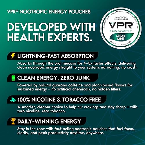 Miniatura 5 de VPR - Bolsas nootrópicas de cafeína de 75 mg 20 bolsas de energía con melena de león, alfa-GPC, vitamina B6 y B12, L-teanina y L-tirosina Bolsas