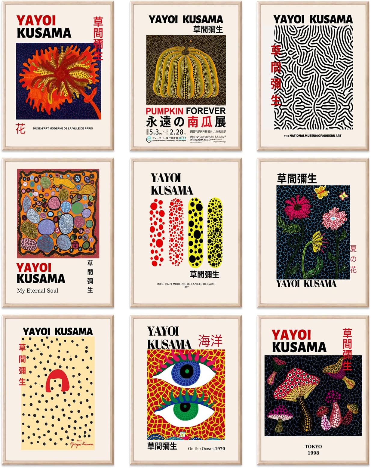 RETRART Yayoi Kusama Posters - Set of 9 - Vintage Yayoi Kusama Wall Art Prints - ่้ๅผฅ็ Japanese Canvas Paintings - Aesthetic Wall Decor for Bedroom, Living Room, Bathroom, Hallway - Unframed 8"x10"