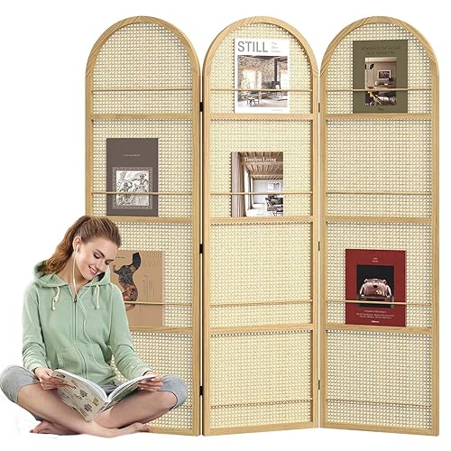 Rattan Room Divider with Built-in Bookshelf | Foldable Privacy Screen & Portable Partition for Home Office, Bedroom, Reading Nook | Wooden Frame, Freestanding Design (Natural-Rattan) - Natural-rattan - 3 Panels