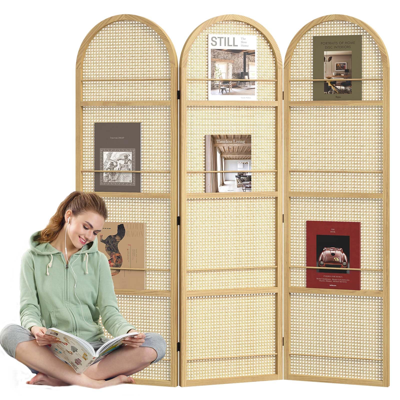 Rattan Room Divider with Built-in Bookshelf | Foldable Privacy Screen & Portable Partition for Home Office, Bedroom, Reading Nook | Wooden Frame,
