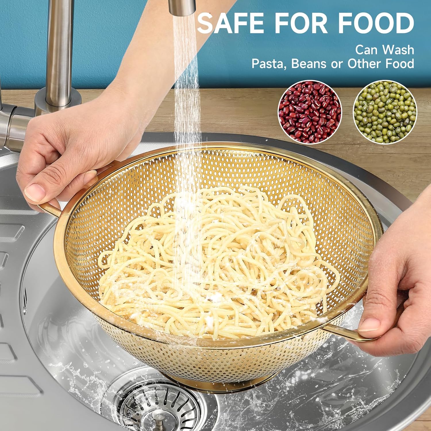 2PCS Gold Strainer for Kitchen, 3QT and 5QT, Stainless Steel Colander with Handle for Fruits Vegetables Cooking Food, Dishwasher Safe