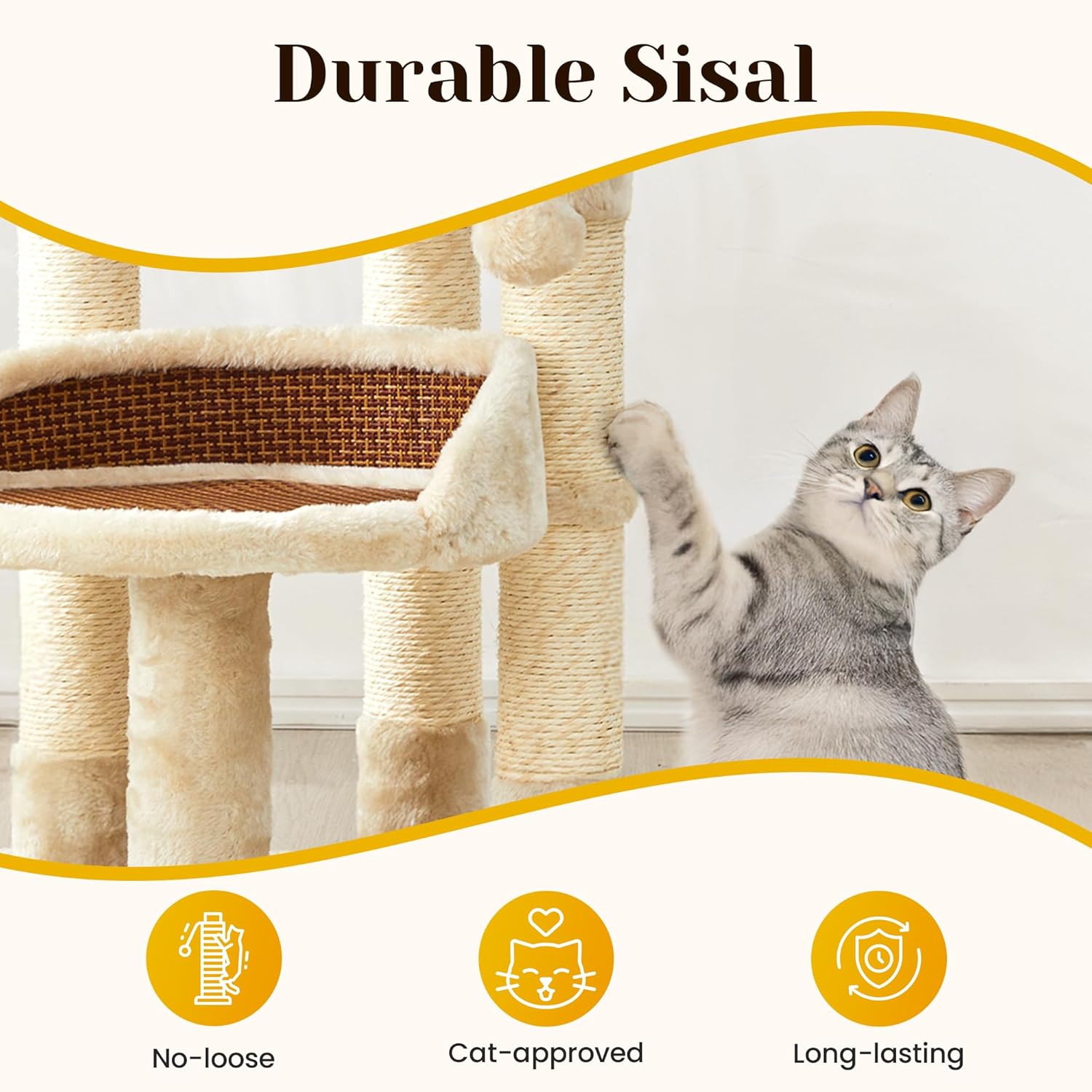 Multi-Level Cat Tree for Indoor Cats, Modern Cat Tower with Double Beds & Scratching Posts, 27in Cat Tree for Large Cats and Kitten, Small Cat Climbing Tower with Hanging Toys, Cream White