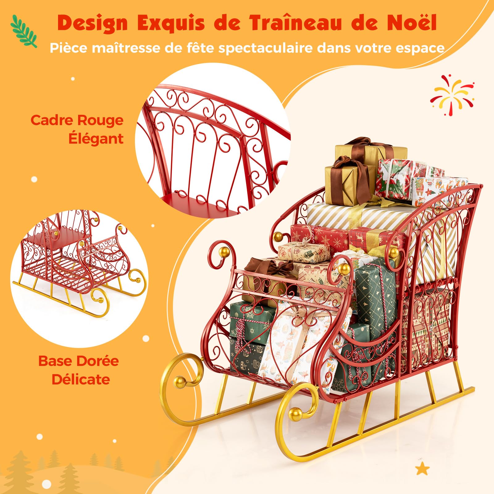 COSTWAY Traîneau de Noël avec Rangement à 2 Niveaux, Decoration Noel Exterieur Interieur, Cadre en Métal, Luge du Père Noël, Décoration de Fête pour Maison Bureau Carnaval, 85 x 42 x 61,5 cm