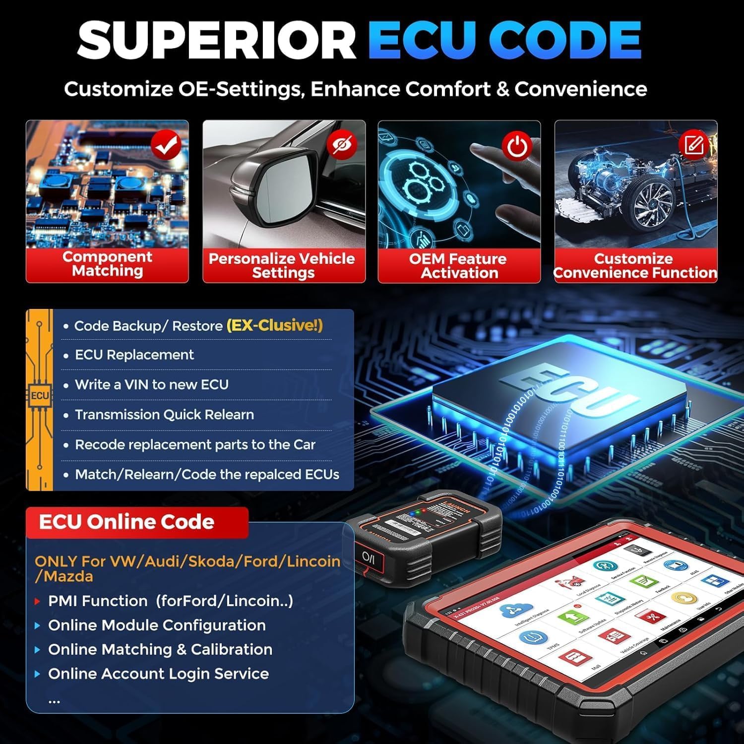 Launch X431 PRO3S+ Profesional Maquina Diagnosis Coche multimarca,Escáner de Todo el Sistema, 55+ reinicio de reaprendizaje, Vin automático, codificación en línea, función guiada, Bluetooth 10.1 "
