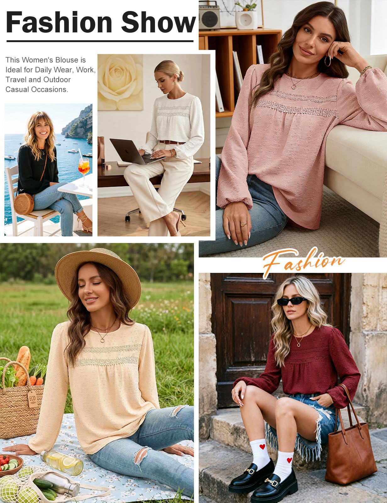 heekpek Chemisier Femme Boho Col Rond Top Manches Longues Blouse Chic et Élégant Haut Dentelle Chemise Ample Fluide Tunique