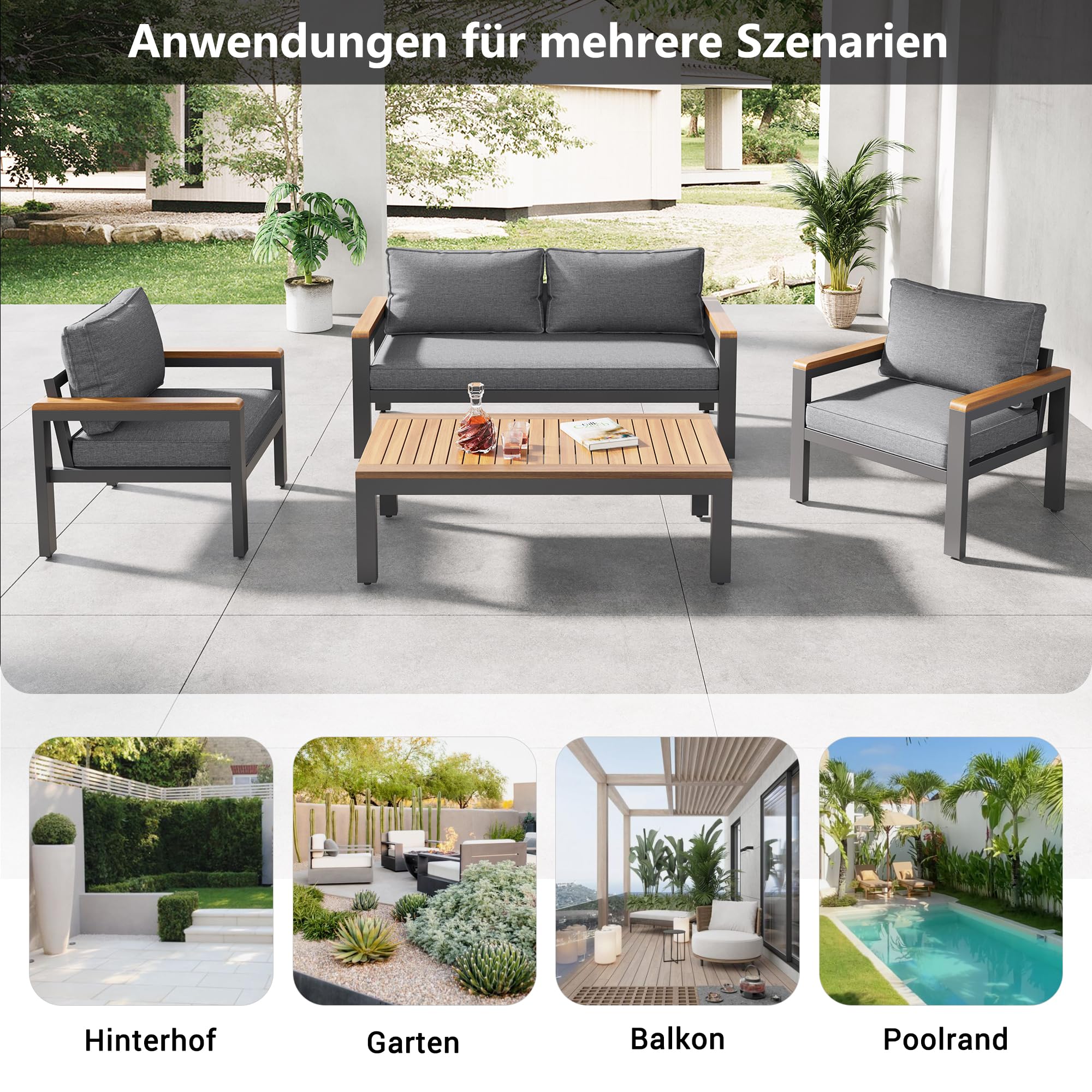 Ensemble Jardin 4 Pièces Merax - Canapé 2 Places, 2 Chaises, Table Basse - Acier Galvanisé, Bois D'Acacia