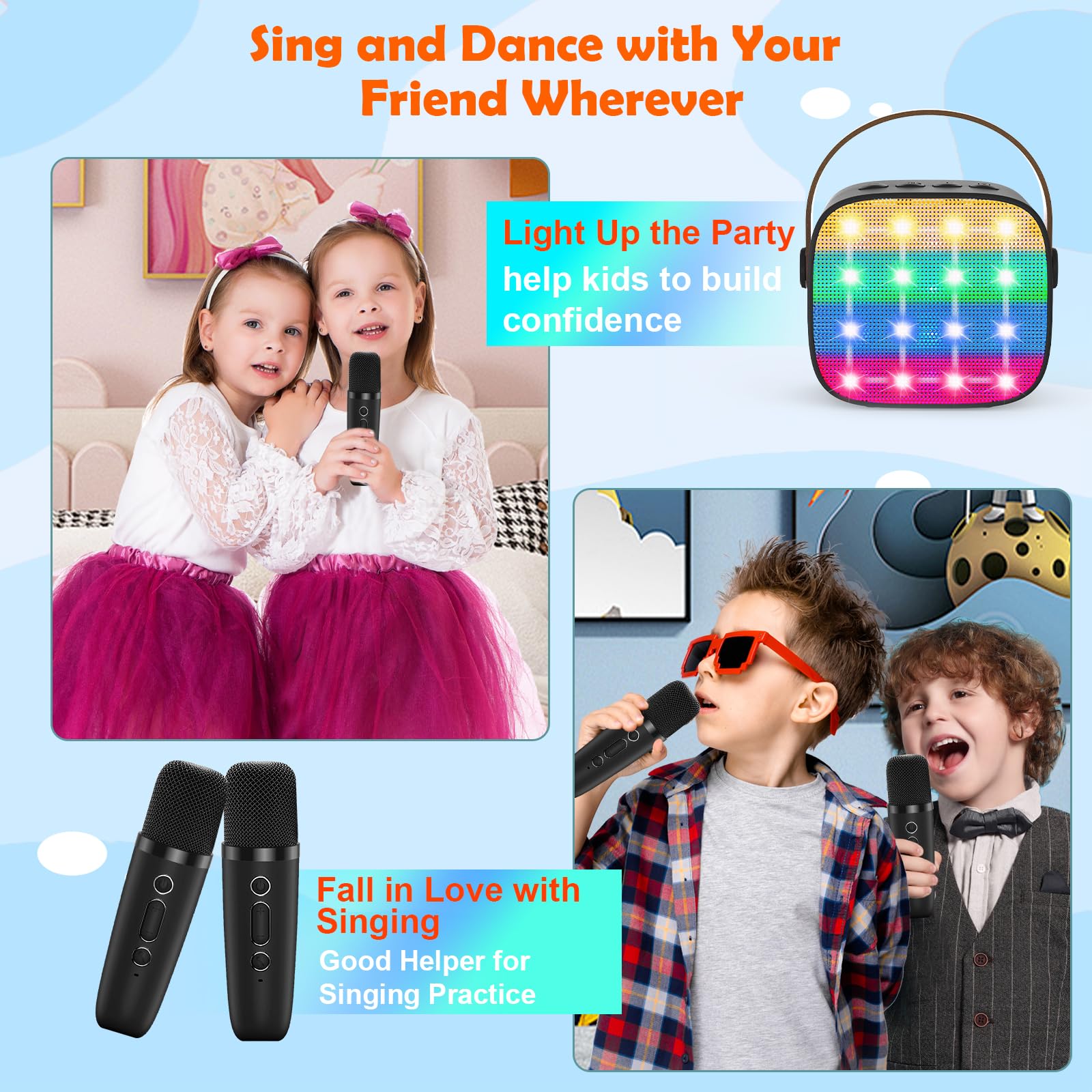 Macchina Karaoke per Bambini con 2 Microfoni Wireless - Microfono Bluetooth, Altoparlante Portatile, Cambio Voce, Luci LED, Giocattolo Musicale per Ragazze e Ragazzi, Regalo per Compleanni e Natale
