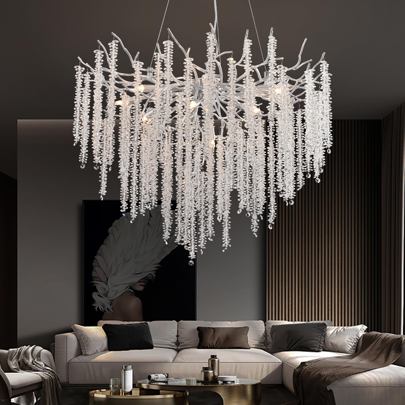 AHXIAOZN Lampadario moderno in cristallo, luci rotonde per lampadari G9, lampada a sospensione in cristallo K9, per soggiorno, sala da pranzo, ristorante (argento, 80 cm)