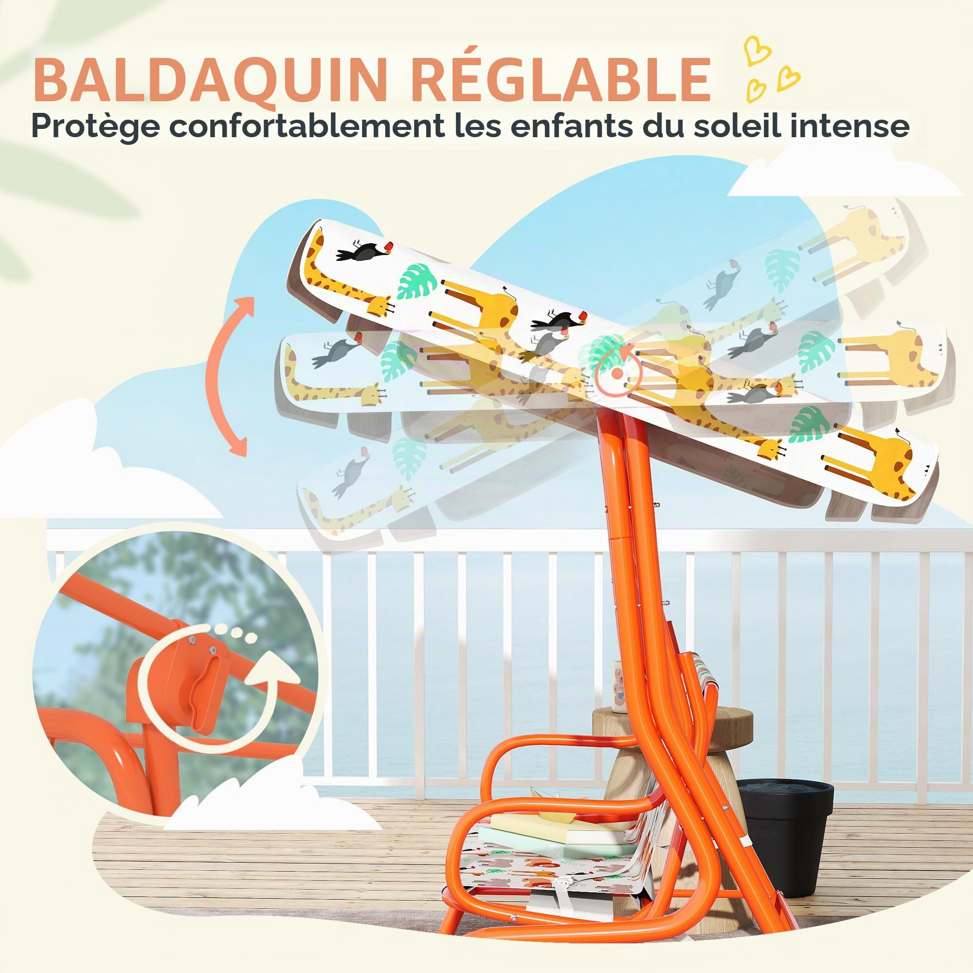 AIYAPLAY Balançoire pour enfants, banc à bascule 2 places avec auvent réglable, ceintures de sécurité, pour l'intérieur et l'extérieur, pour le jardin, la terrasse, la salle de jeux, orange