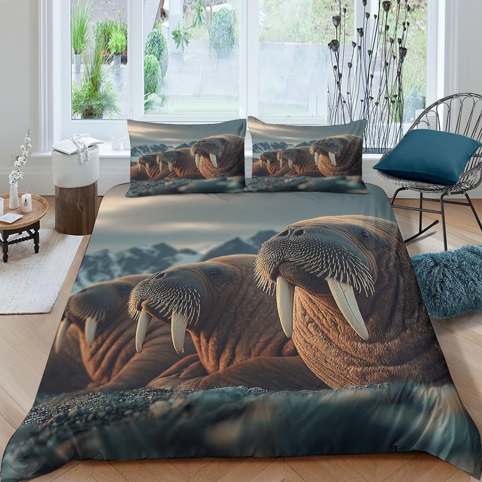 Ctjqhvkz Style-9 3D Printed Walrus Beach Fitted Sheet Microfiber Soft Breathable Ocean Animal Mattress Cover Bedroom Decor Single（135X200cm）
