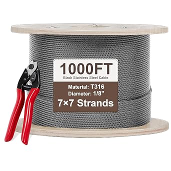 DOZAWA 1000FT 1/8" T316 Stainless Steel Cable with Cutter 7x7 Strand Heavy Duty Wire Rope 1800 lbs Breaking Strength Ideal for Indoor & Outdoor DIY Projects- Silver