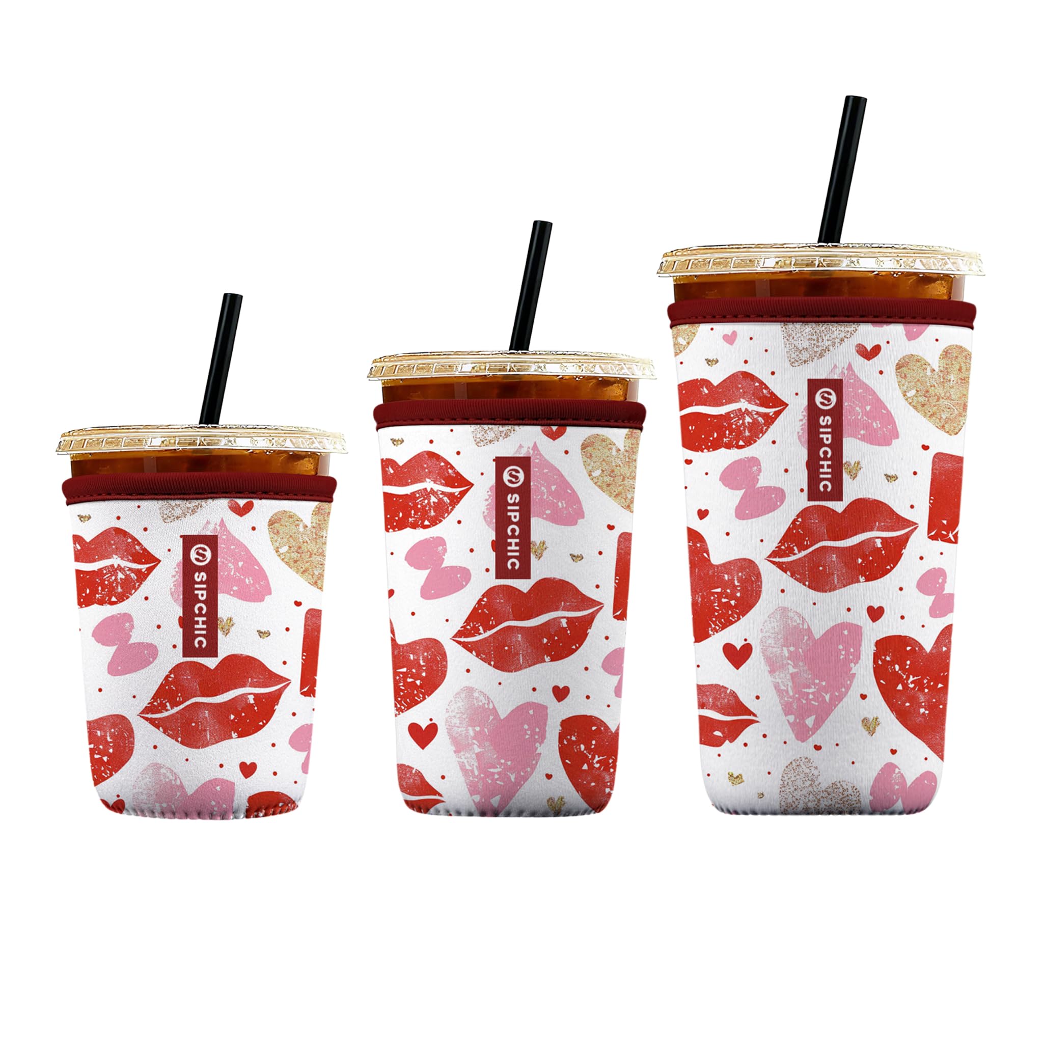 Iced Coffee Sleeve – Neoprene Reusable Cup Sleeves for Drinks, Insulated Drink Sleeves to Keep Hands Dry &amp; Drinks Cold, Stylish &amp; Durable Coffee Sleeves (Love Kiss, S/M/L 3-Pack)