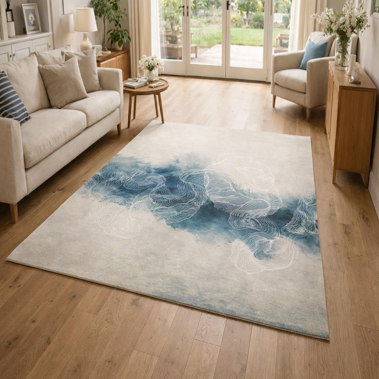 Tapis de salon abstrait moderne beige et bleu 150x240 cm