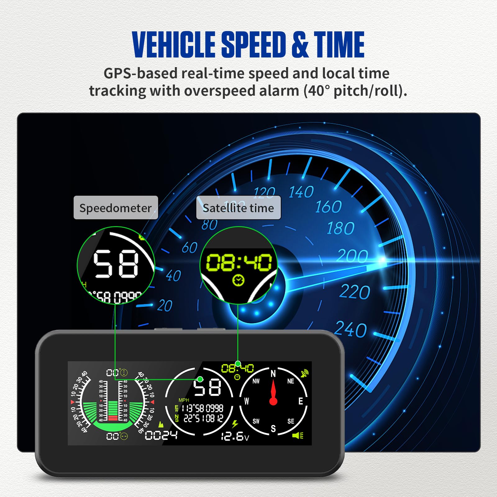 BELEY Inclinometro Digitale per Auto con GPS, Velocità in Tempo Reale, Bussola LCD HD