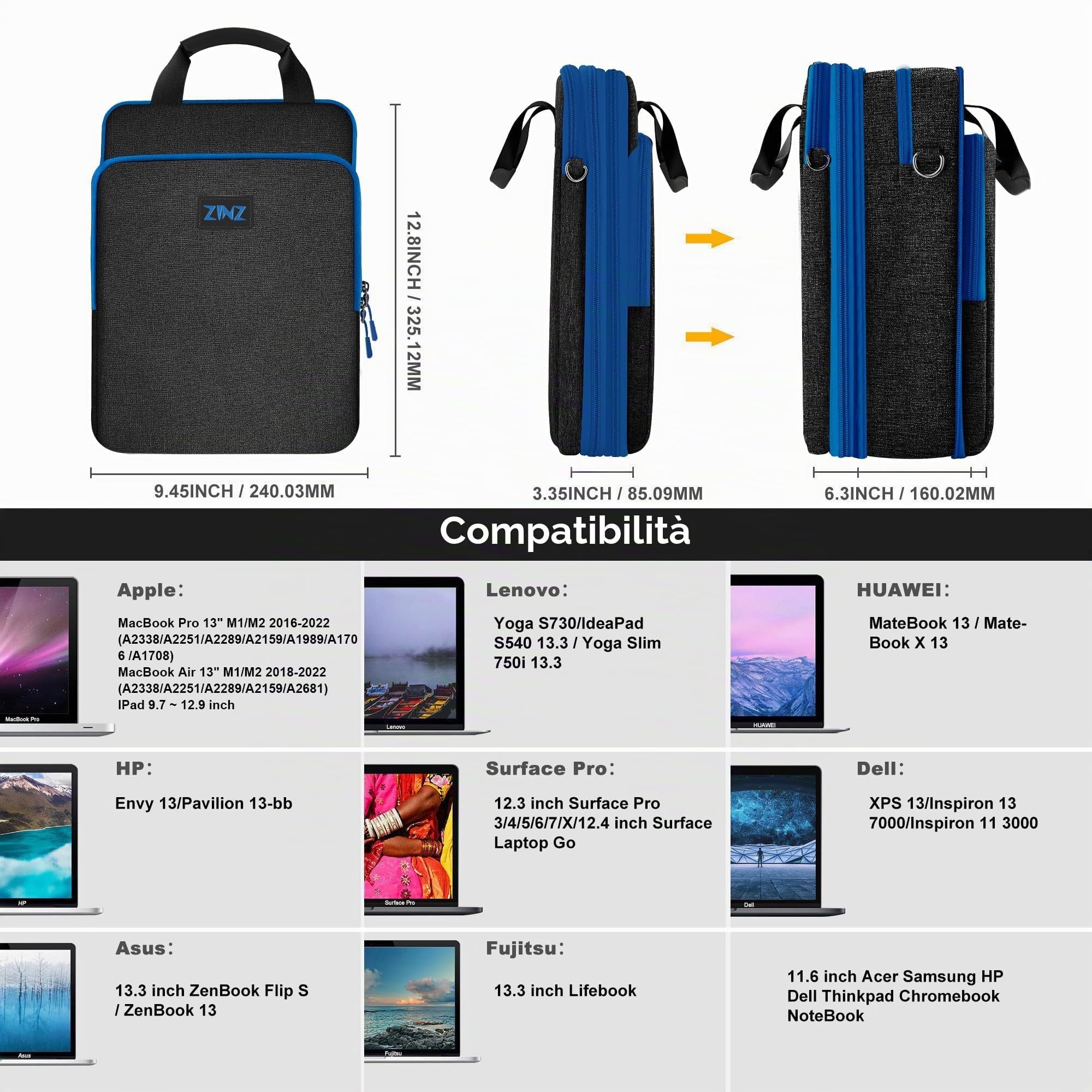ZINZ Borsa a Tracolla per Laptop da Viaggio da 12,3-13 Pollici con Scomparto Espandibile e Scomparto per Oggetti di Valore -Nero