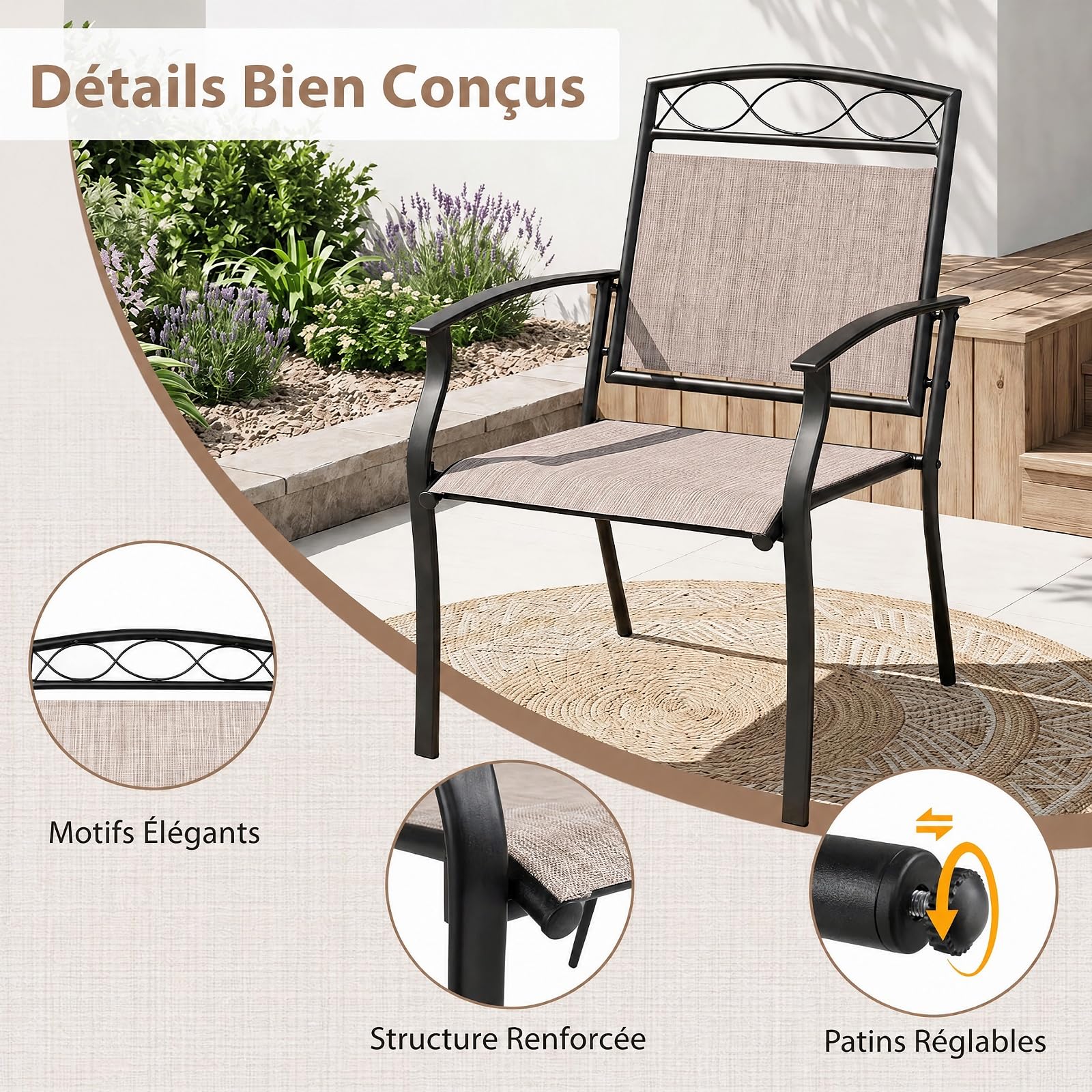 COSTWAY Lot de 2 Chaises de Jardin Extérieur, Tissu Respirant, Charge 150kg