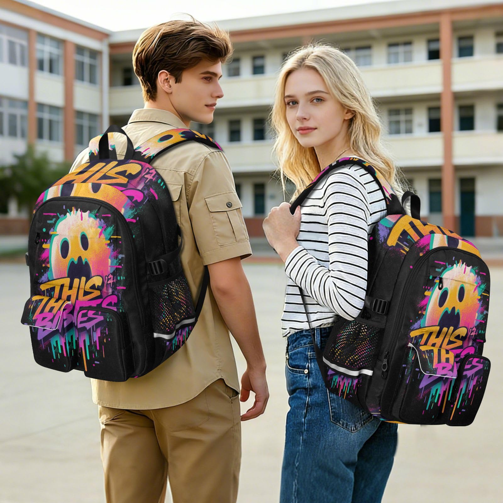 Horror Graffiti duchy 'This Bites' plecaki podróżne dla kobiet mężczyzn horror graffiti duchy 'This Bites College School Bookbag 44.5 cm plecak na komputer lekka torba na co dzień