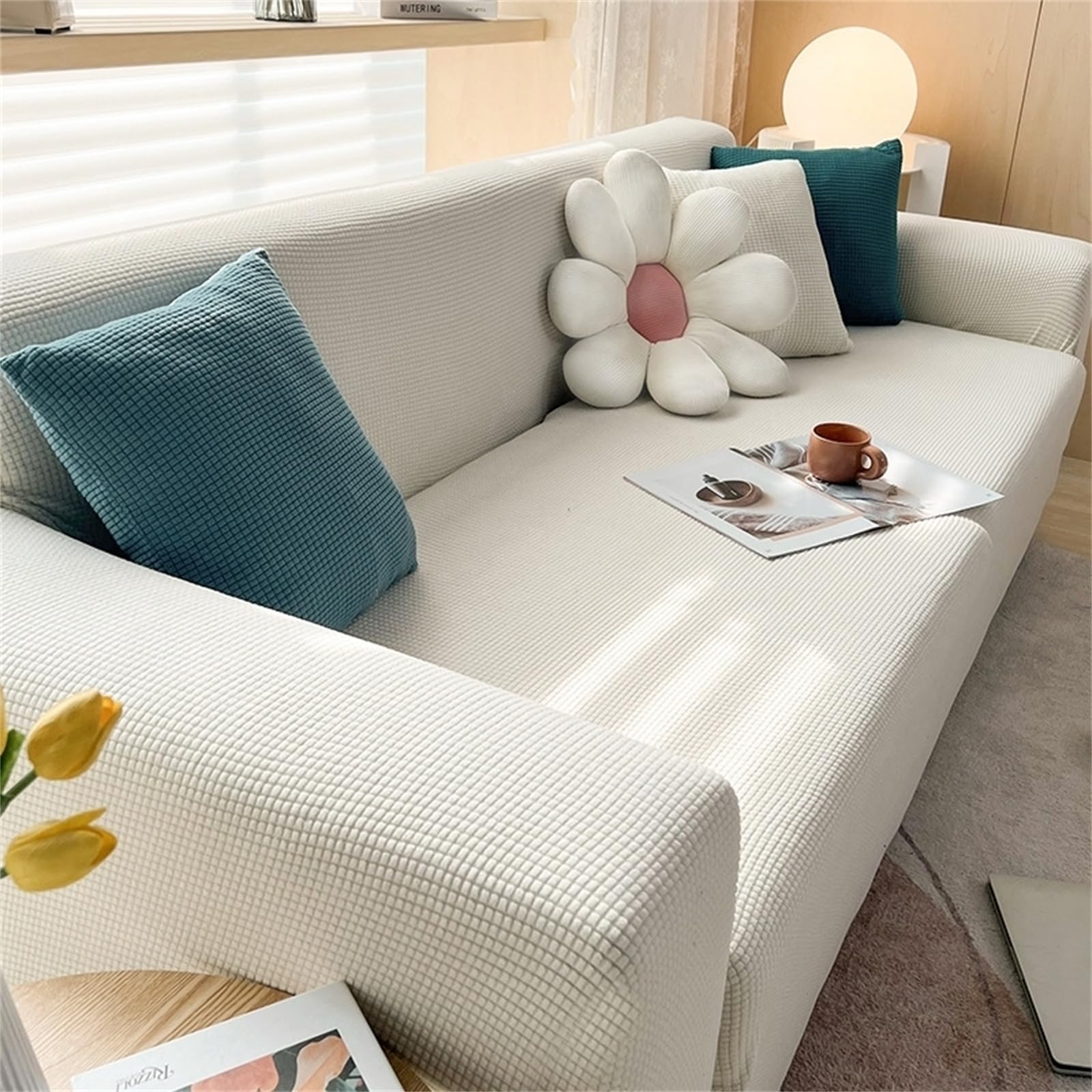 Hixingo Jacquard Anti-Slip Anti-Scratch Sofa Cover,1 2 3 4 Seater Couchcover Stretch Sofa Covers, Full Coverage Settee Protector Soft Protector for Living Room Home Decor (White,3 Seater)