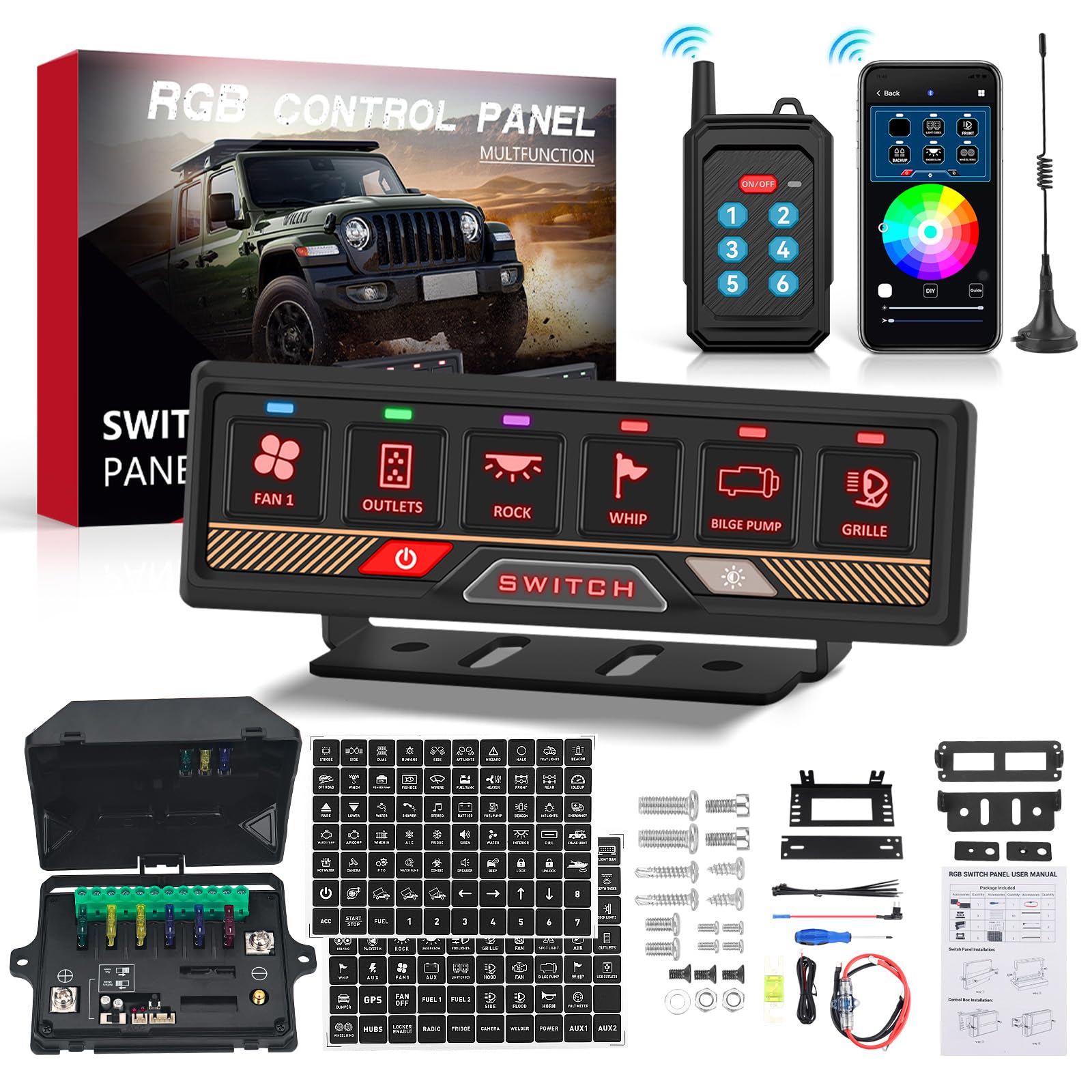 Chelhead Pannello di commutazione 6 gang RGB Bluetooth con app e telecomando, portata fino a 70 m, multifunzione, 4 modalità di illuminazione, compatibile con veicoli 12-24V, camion, fuoristrada
