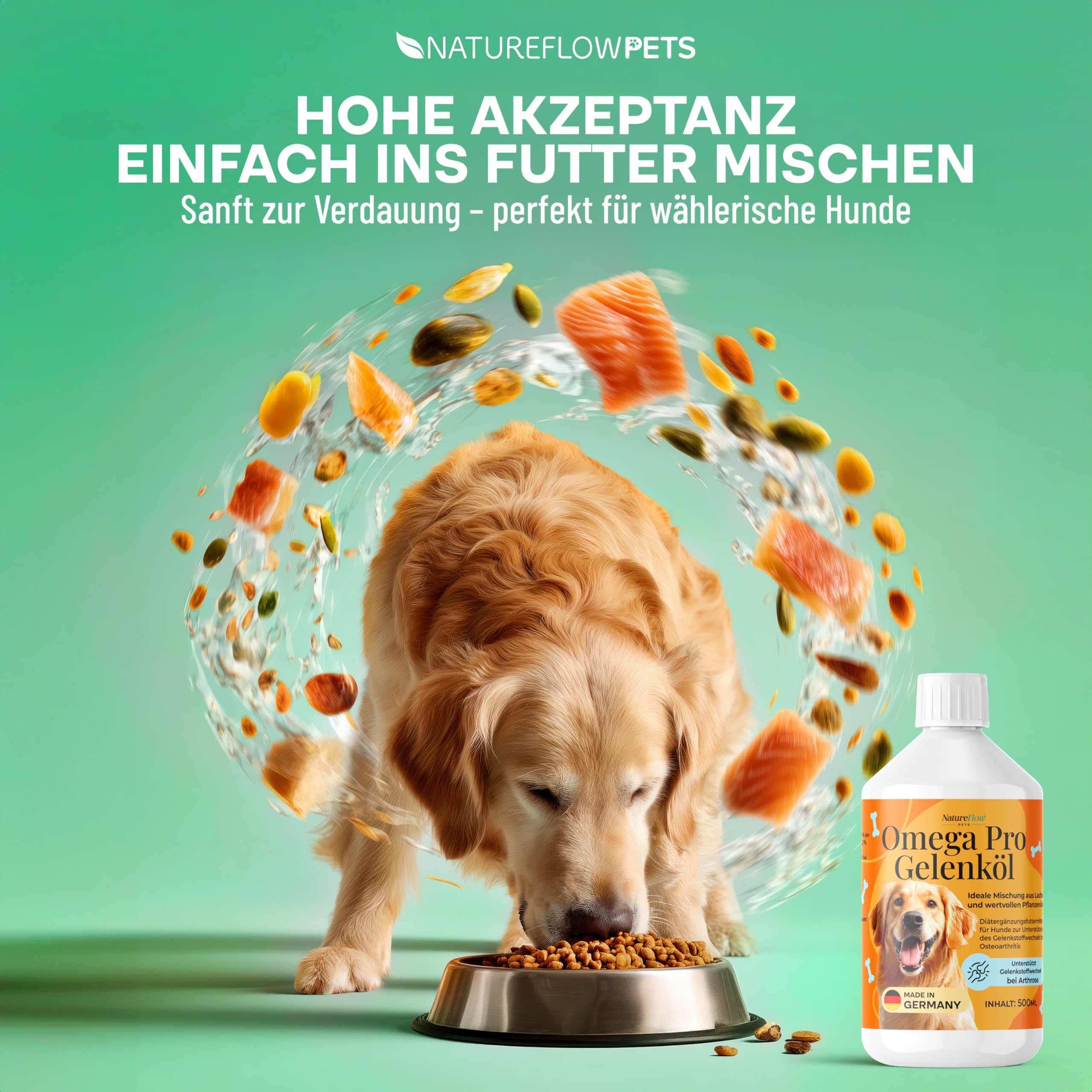 Omega Pro Gelenköl für Hunde 500ml – Lachsöl Mix mit Leinöl, Hanföl & Borretschöl – Omega 3 & 6 Fischöl für Gelenkstoffwechsel bei Arthrose – für Haut & Fell – Made in Germany