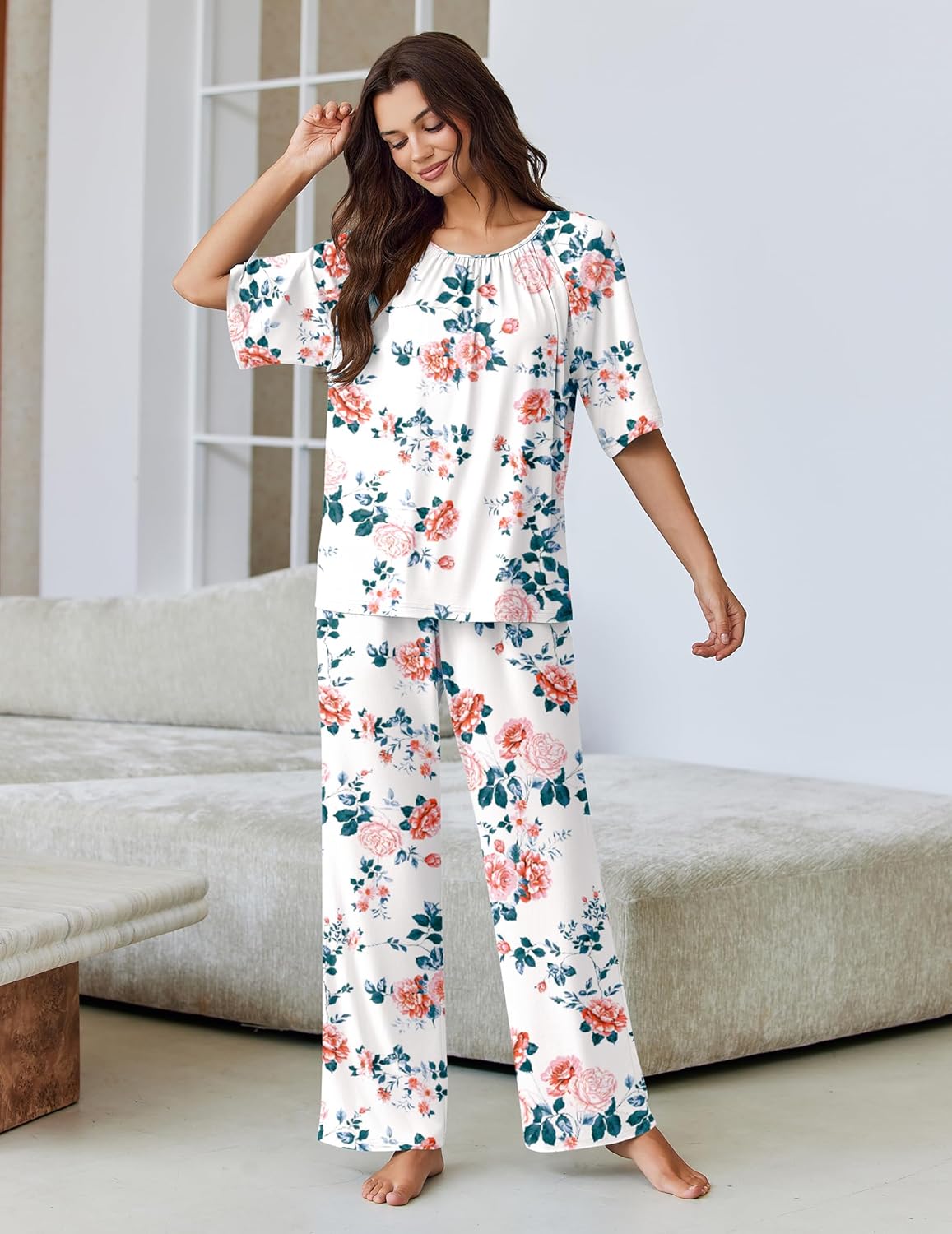 Ekouaer Pajamas for Women Set Short Sleeve Printe Lounge Sets Soft Pjs Round Neck Loungewear with Pockets S-XXL - Image 3