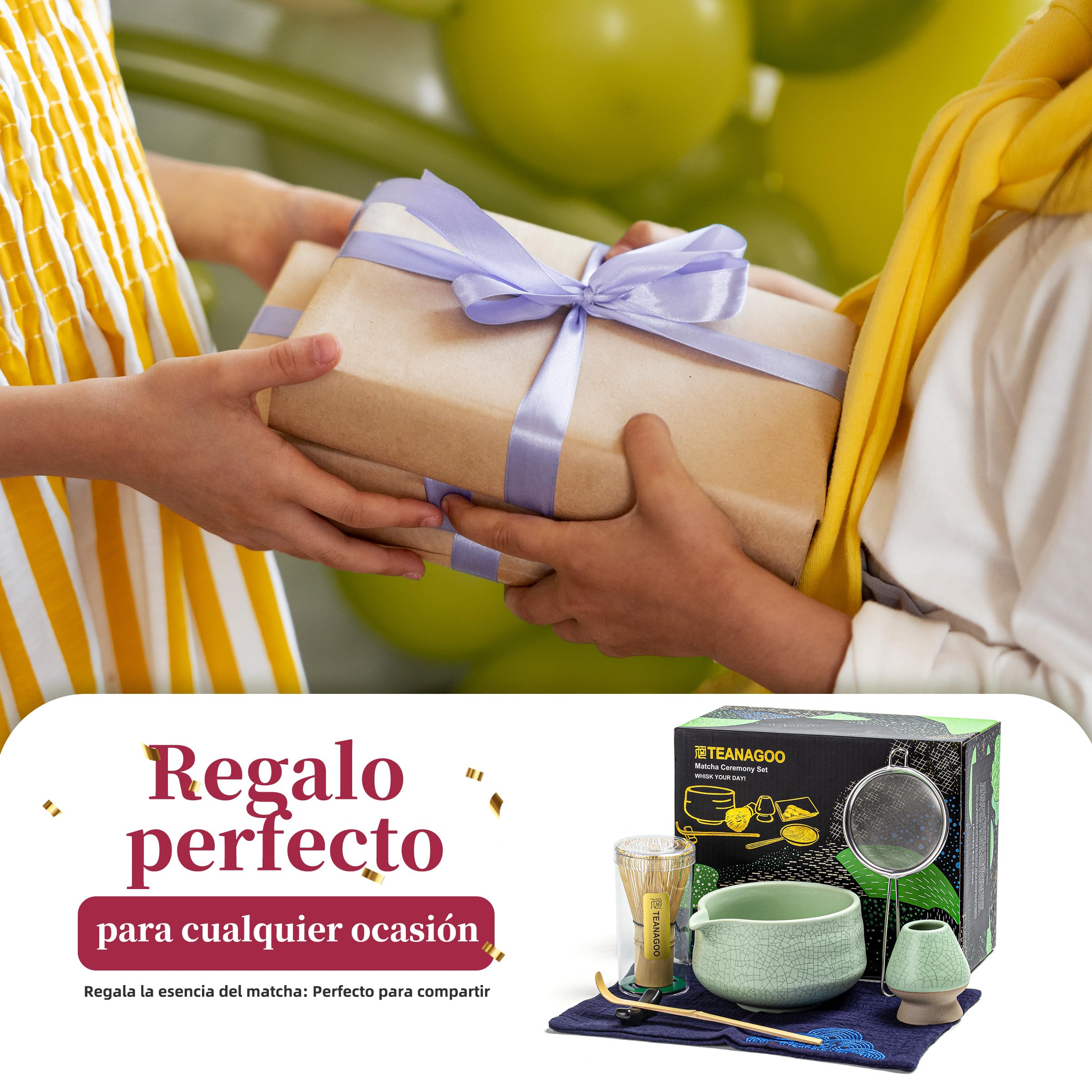 TEANAGOO Matcha Kit, juego de 7 piezas, kit de matcha para ceremonia, juego de té matcha para hacer desayuno/latte, cuenco matcha verde (chawan) con boquilla y batidor, regalo para