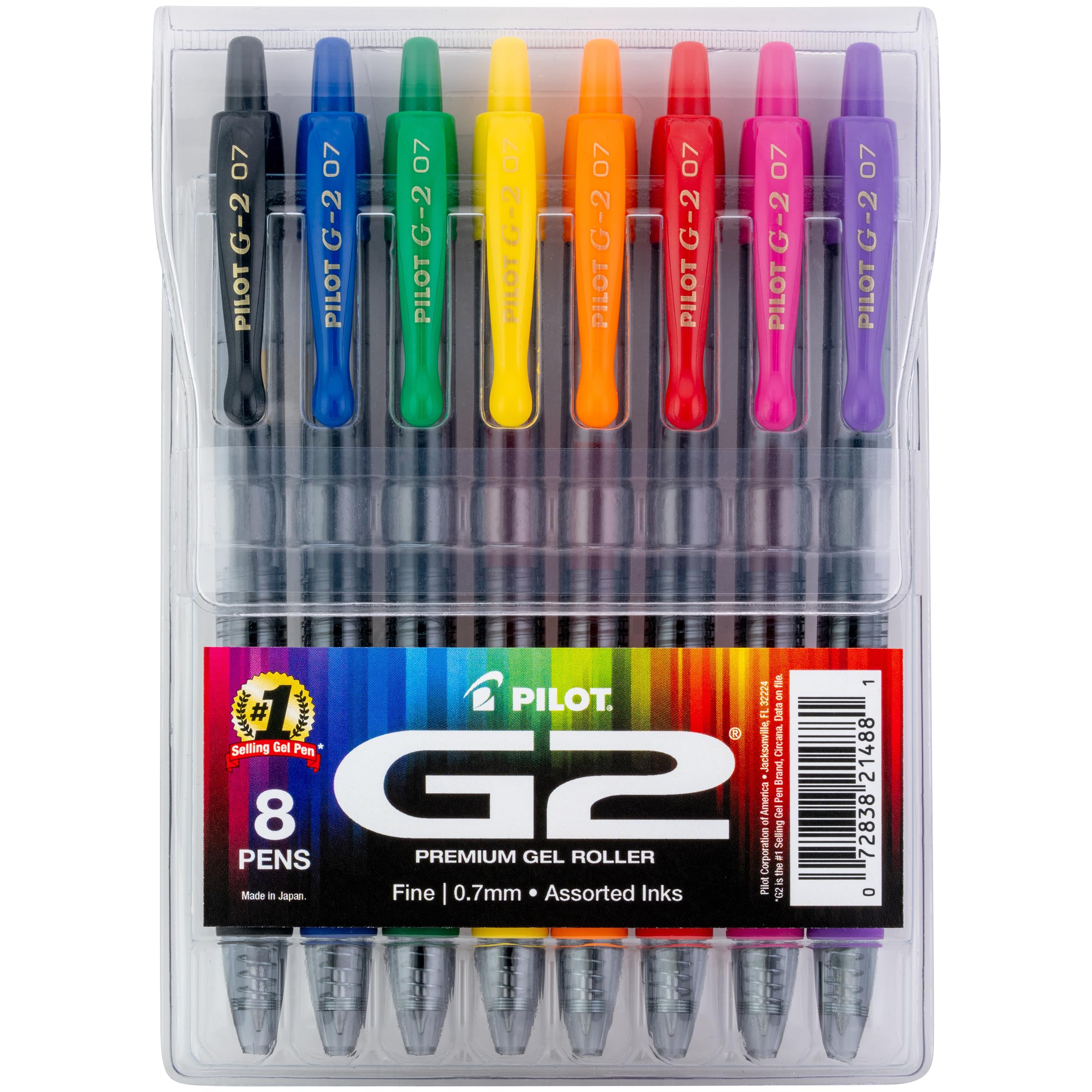 PILOT, G2 Premium Gel Roller Pens, G2 Rainbow Colors Pack, 8 Pack Pouch, Fine Point 0.7 mm, Assorted