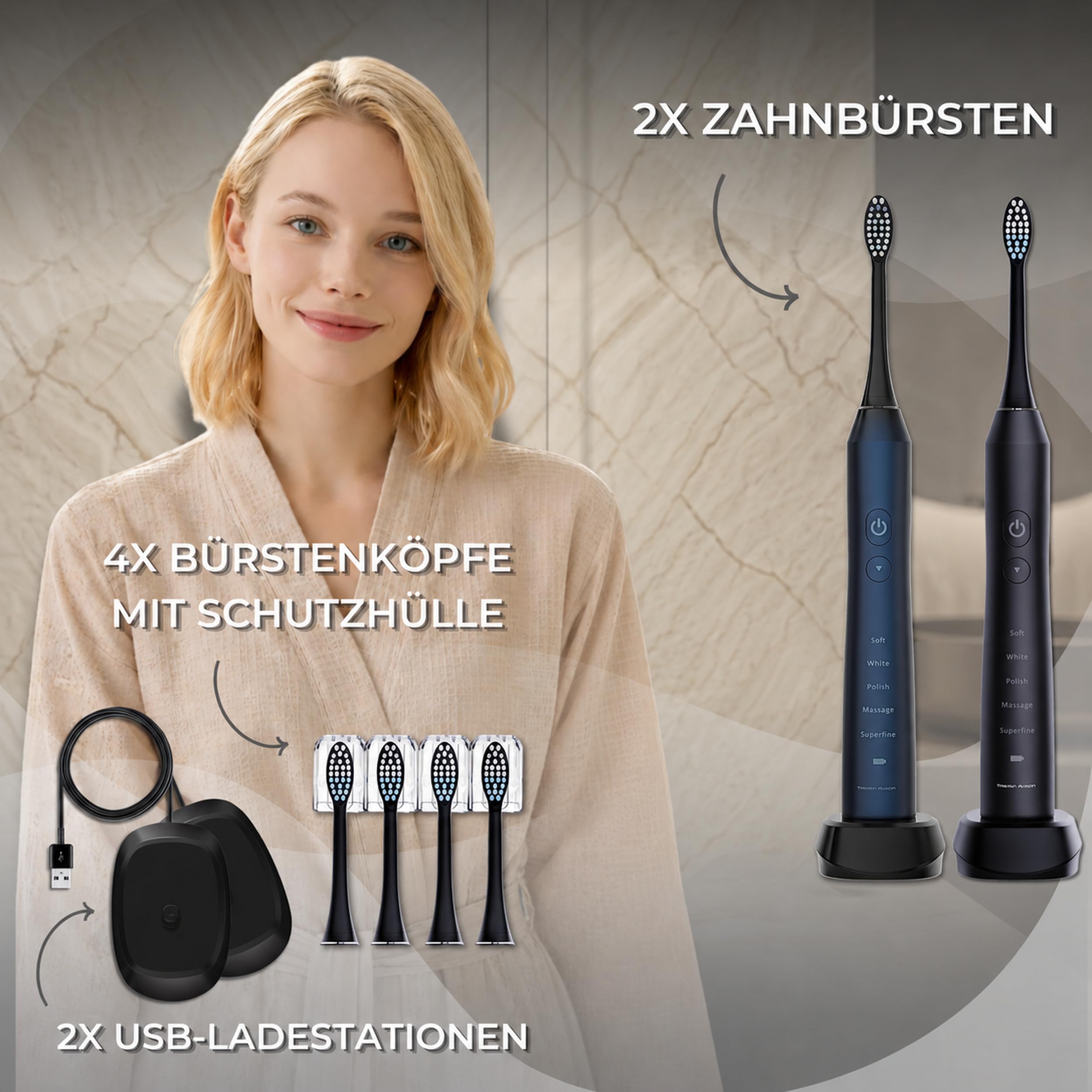 Elektrische Schallzahnbürste 55000 Schwingungen, risikofrei 100 Tage testen | Tristan Auron Business Class Doppelpack (blau/schwarz), Beste Reisezahnbürste, 60 Tage Akku, IPX7, 5 Putzmodi, 4 Bürstenköpfe