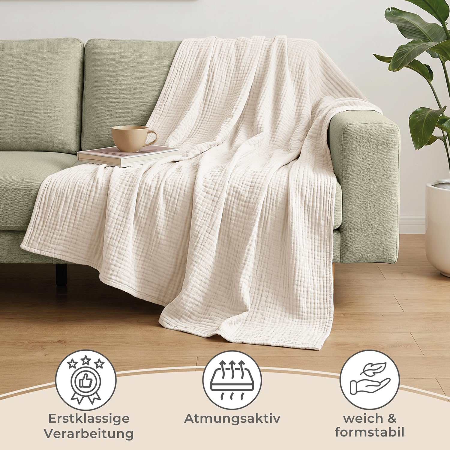 LAYNENBURG Premium Musselin Tagesdecke 180x220 cm - 100% Baumwolle - extraweiche Baumwolldecke als Kuscheldecke, Bett-Überwurf, Sofa-Überwurf, Couch-Überwurf - warme Sofa-Decke (Creme)